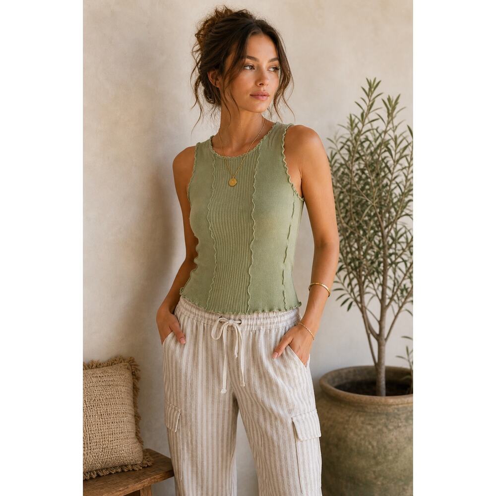NLT Made in LA Sage Green Ribbed Tank Lettuce Edge Boho Top Boutique Minimalist